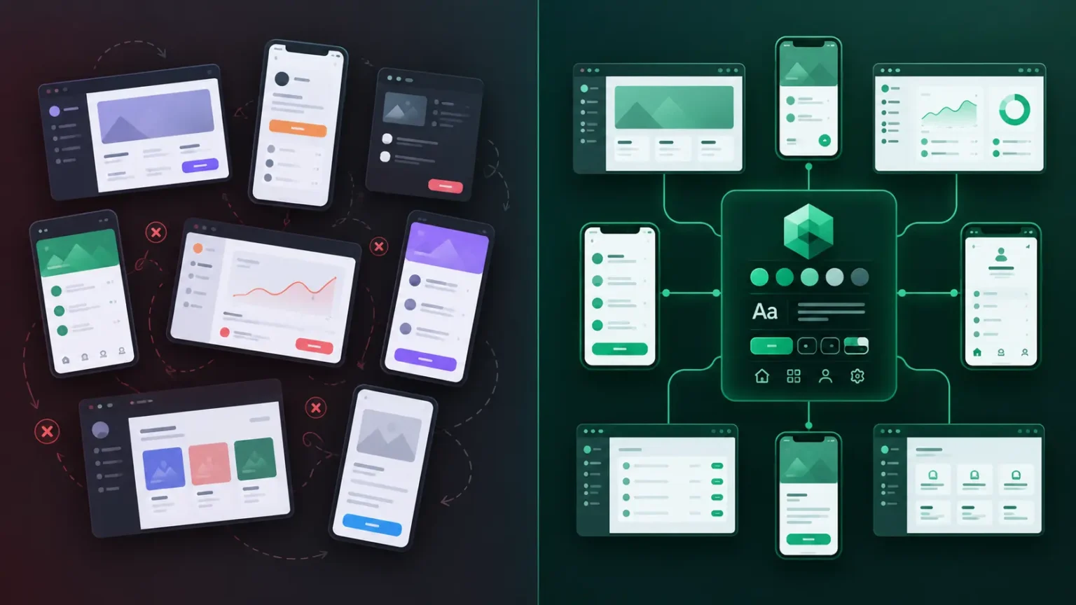 Comparison of inconsistent screen-by-screen design and a unified Material Design system.