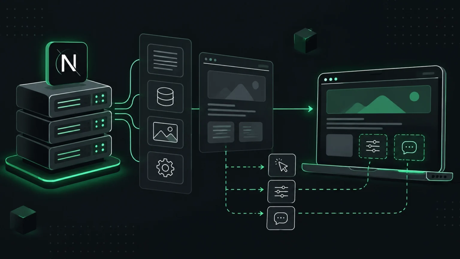 Next.js Server Components and Client Components workflow showing optimized rendering and reduced browser JavaScript.
