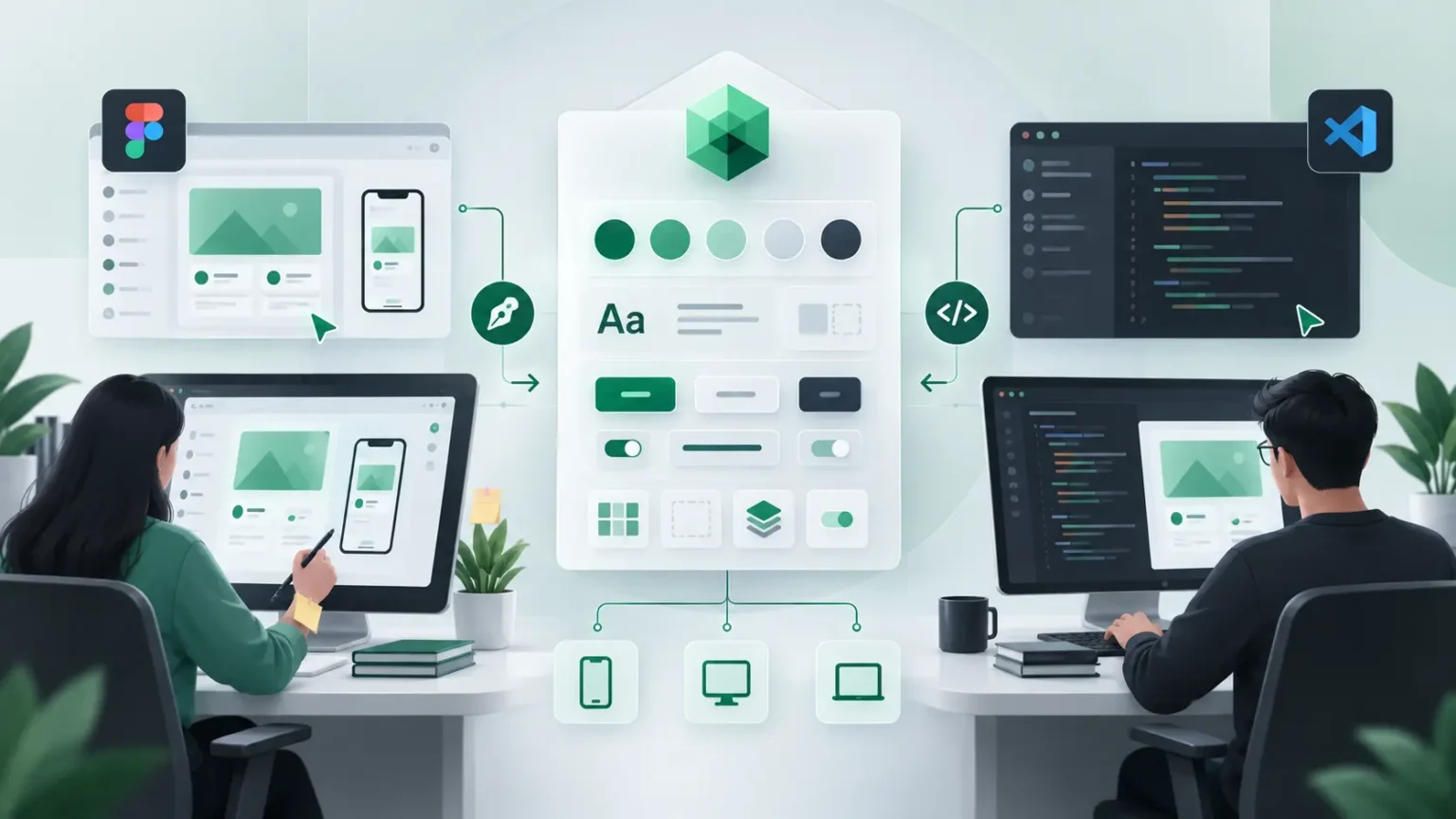 UI/UX designer and frontend developer collaborating through a shared Material Design system.
