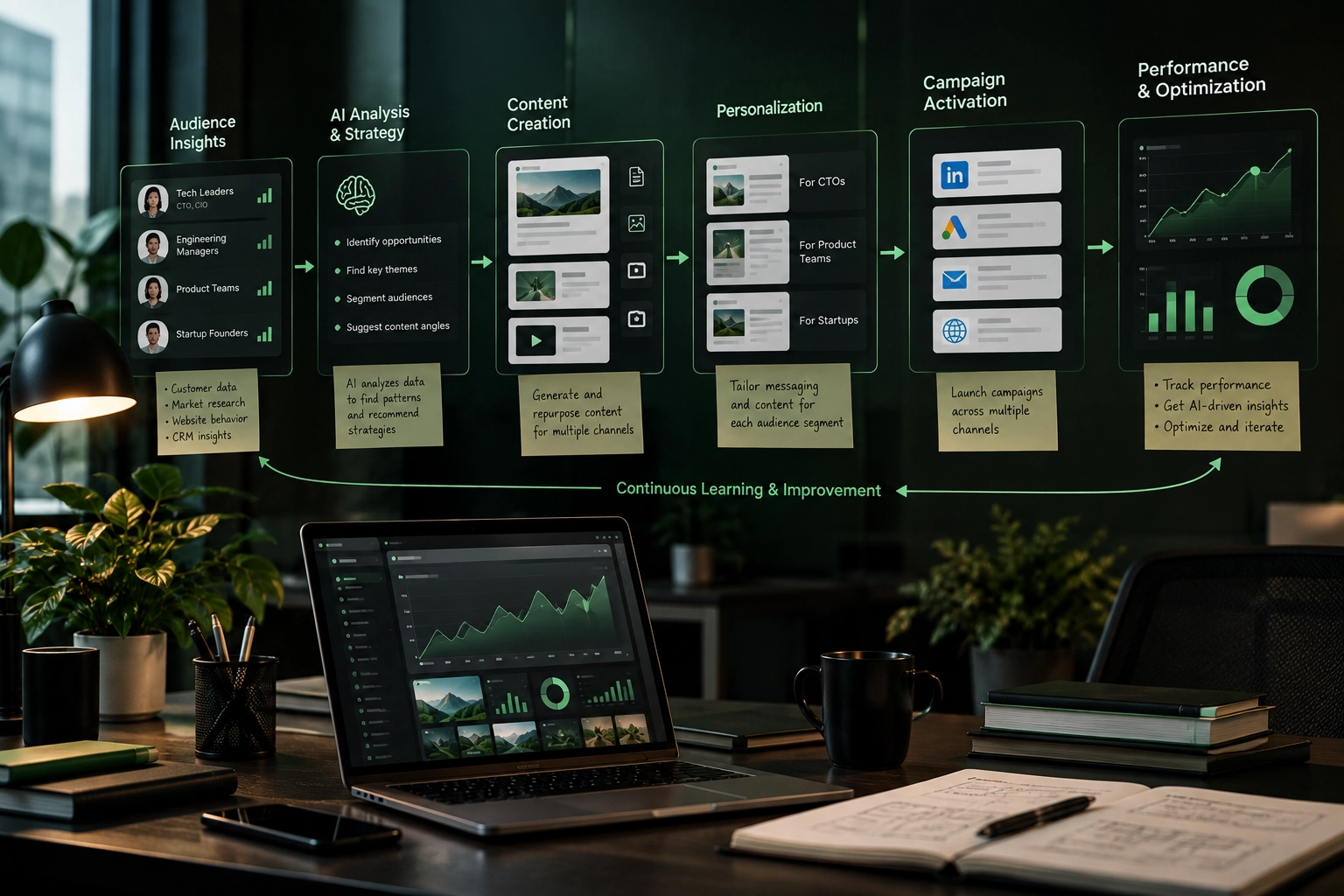 AI marketing workflow connecting audience insights, personalization, campaigns, analytics, and optimization
